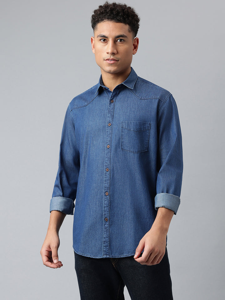 Men Dark Blue Solid Standard Casual Shirts