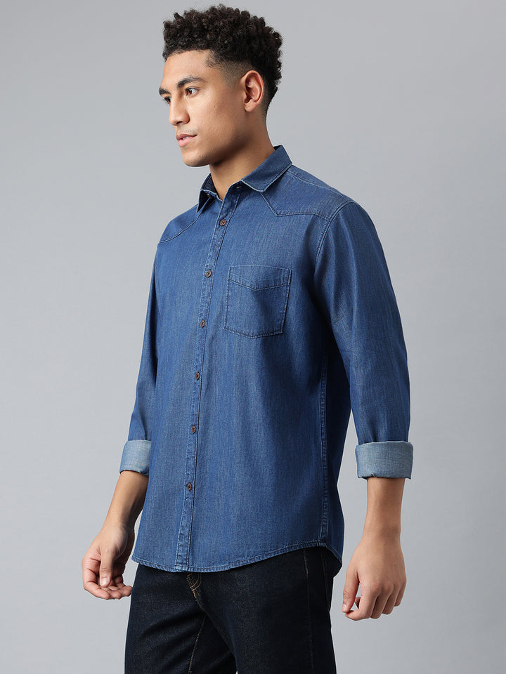 Men Dark Blue Solid Standard Casual Shirts