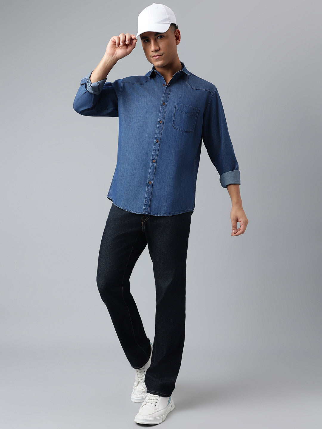 Men Dark Blue Solid Standard Casual Shirts