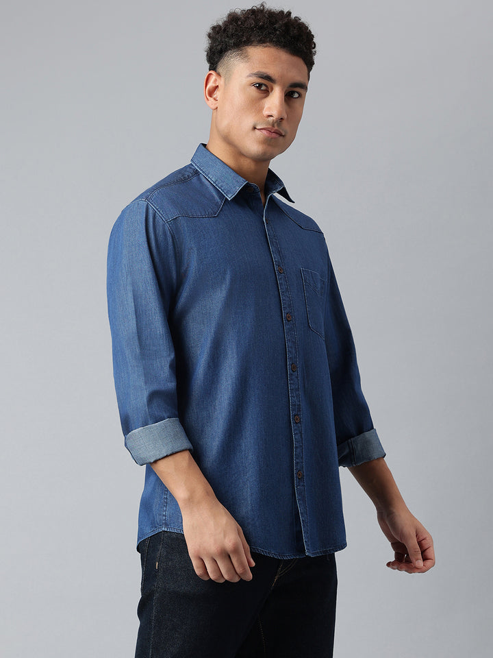 Men Dark Blue Solid Standard Casual Shirts