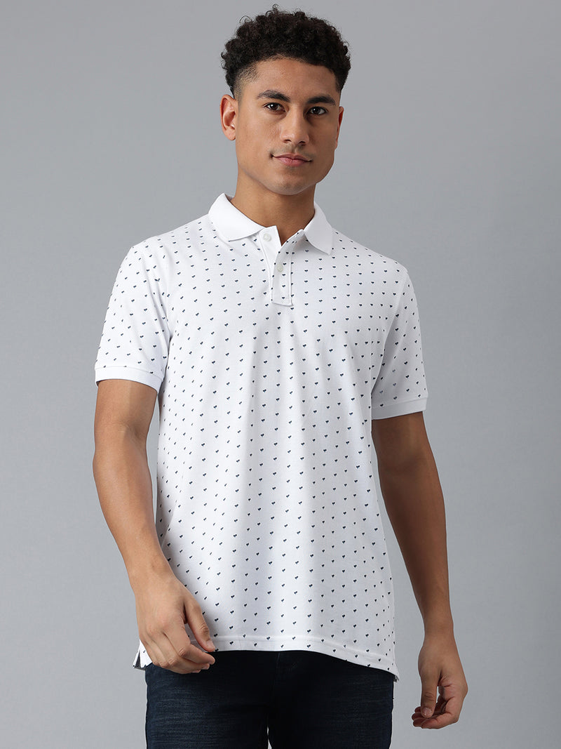 Men White Dotted Regular Fit Polo Neck T-Shirt