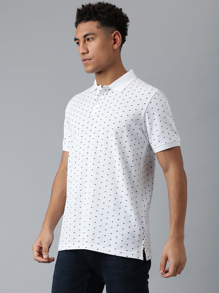 Men White Dotted Regular Fit Polo Neck T-Shirt