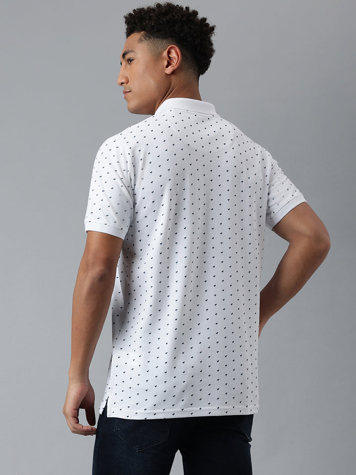 Men White Dotted Regular Fit Polo Neck T-Shirt