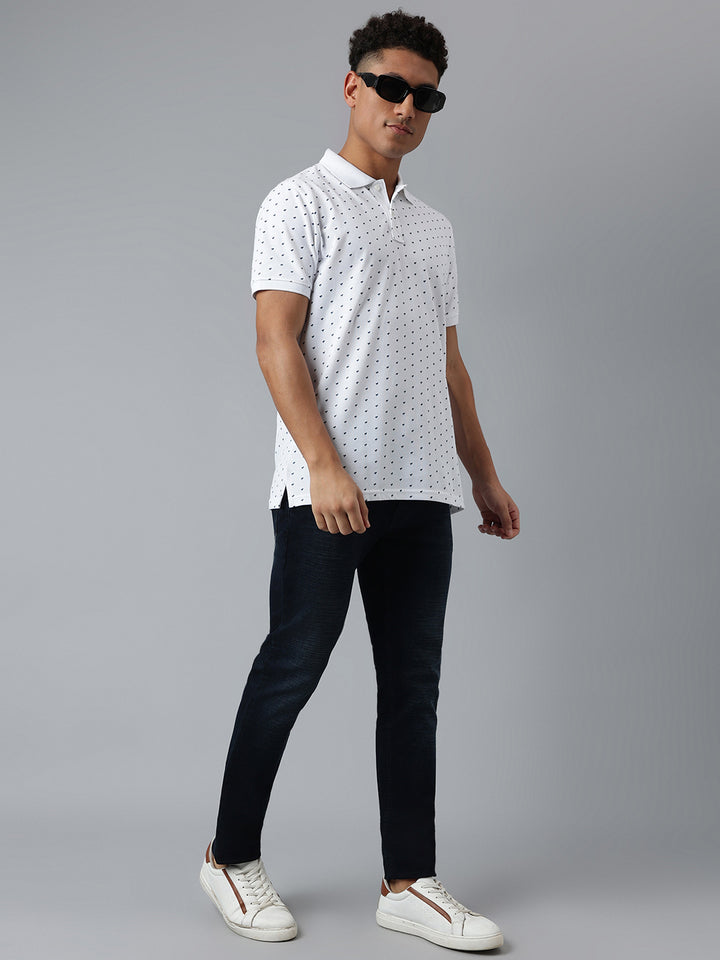 Men White Dotted Regular Fit Polo Neck T-Shirt