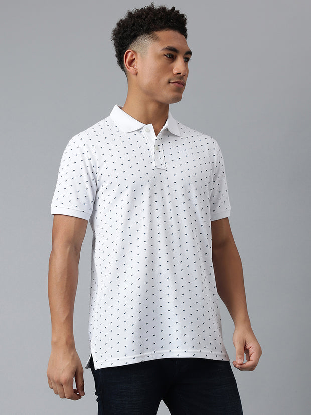 Men White Dotted Regular Fit Polo Neck T-Shirt