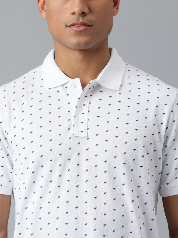 Men White Dotted Regular Fit Polo Neck T-Shirt