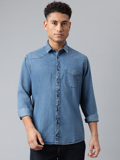 Men Mid Blue Solid Standard Casual Shirts