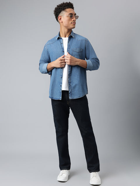 Men Mid Blue Solid Standard Casual Shirts