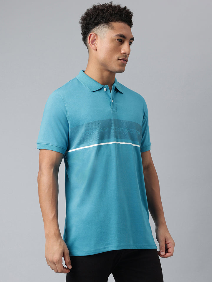 Men Teal Regular Fit Polo Neck T-Shirt