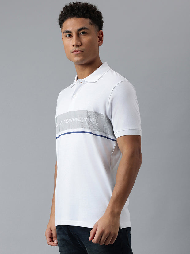 Men White Striped Regular Fit Polo Neck T-Shirt