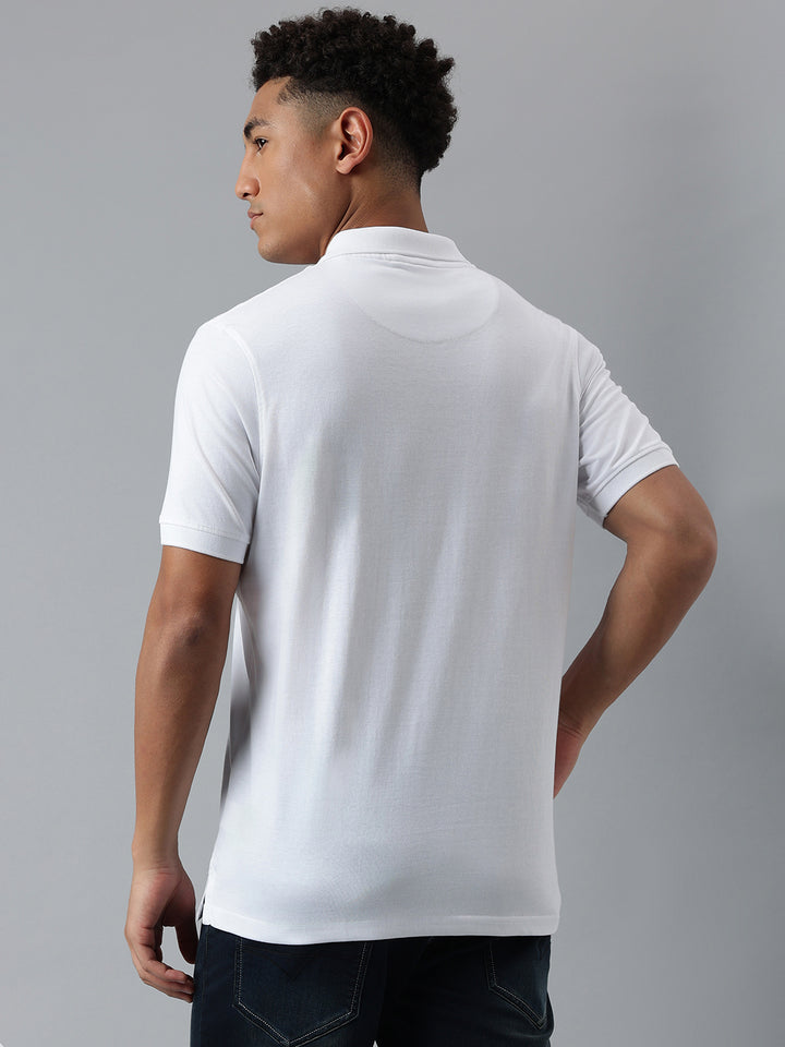 Men White Striped Regular Fit Polo Neck T-Shirt