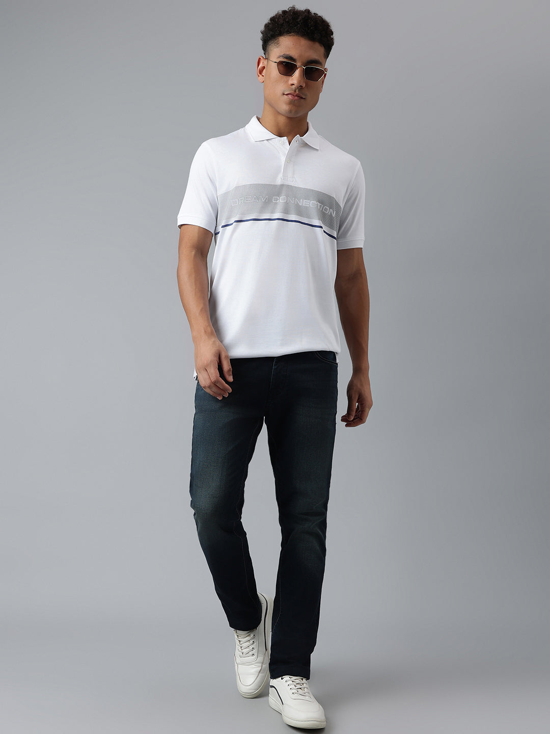 Men White Striped Regular Fit Polo Neck T-Shirt