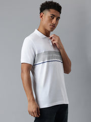 Men White Striped Regular Fit Polo Neck T-Shirt