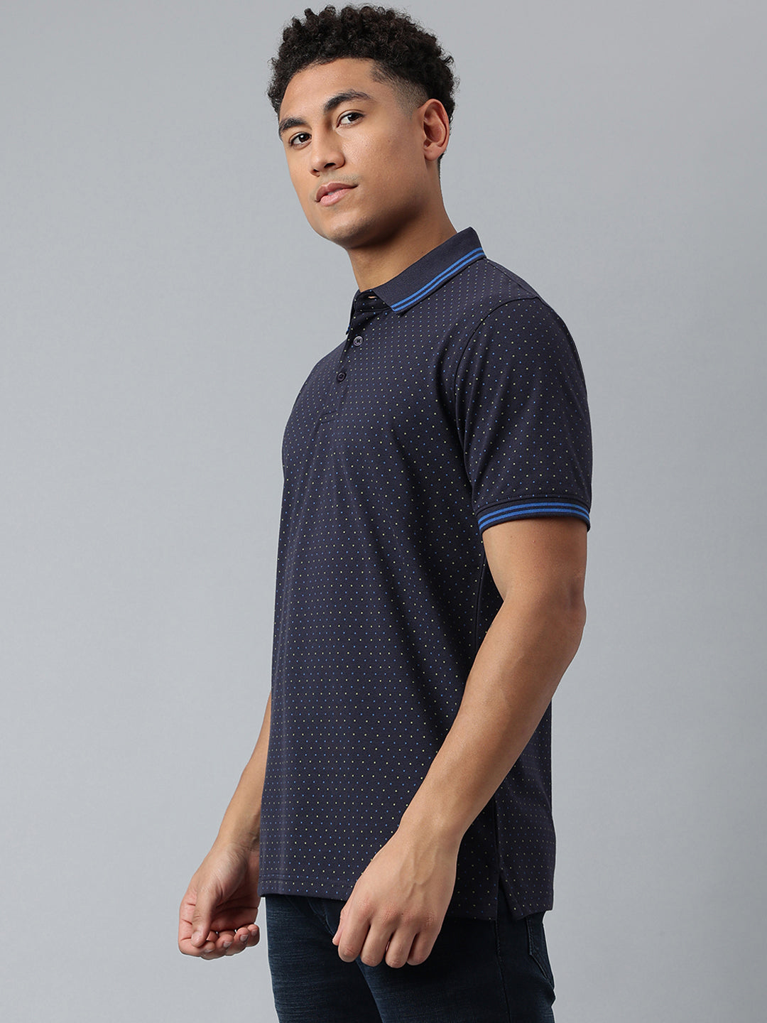 Men Dull Navy Regular Fit Polo Neck T-Shirt