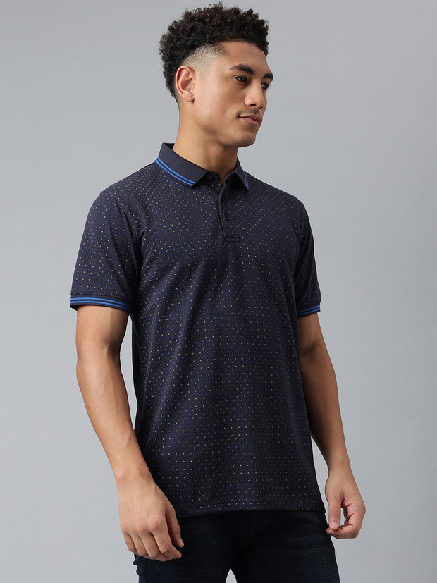 Men Dull Navy Regular Fit Polo Neck T-Shirt