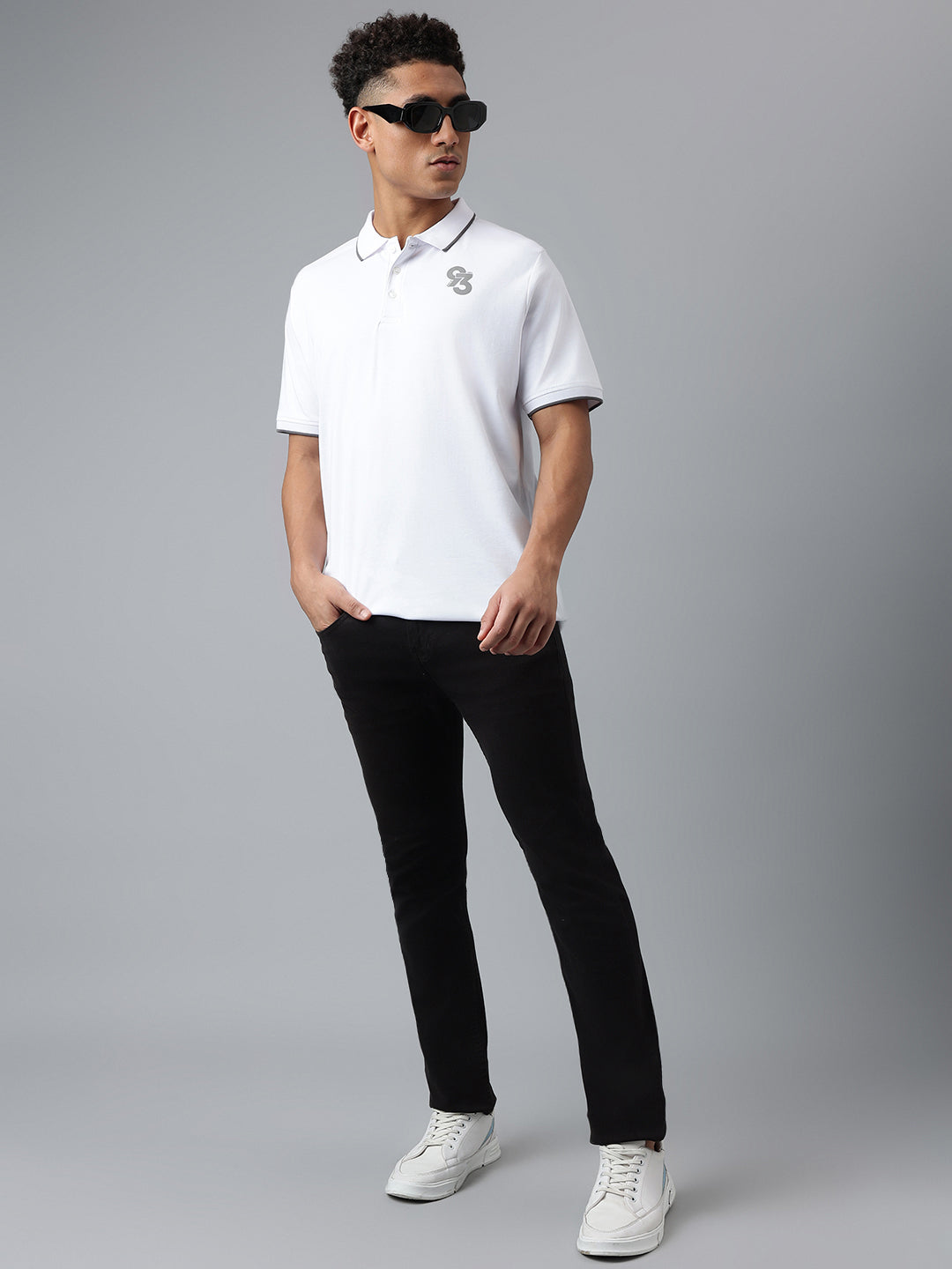 Men White Regular Fit Polo Neck T-Shirt