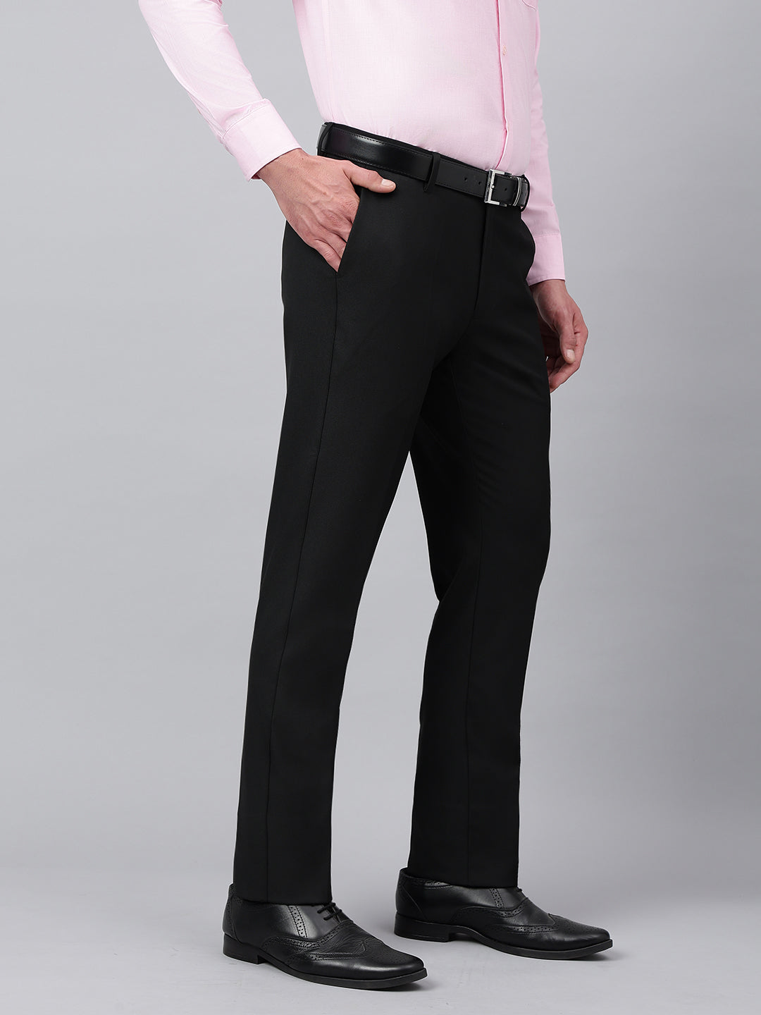 Men Black Standard Fit Solid Formal Trouser