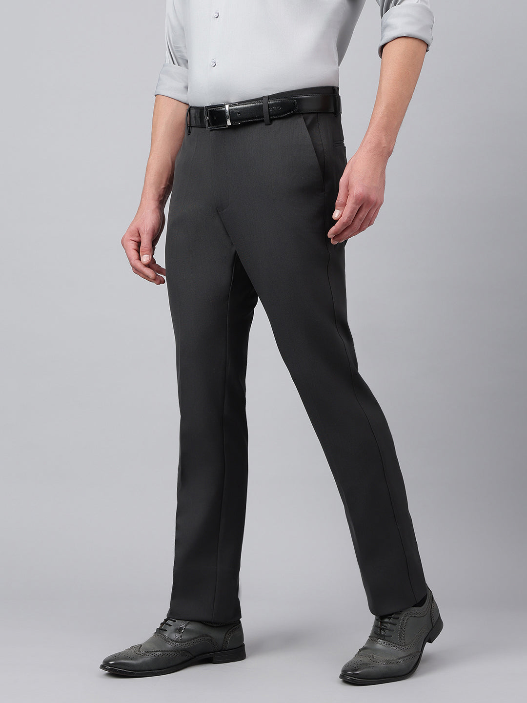 Men Charcoal Standard Fit Solid Formal Trouser