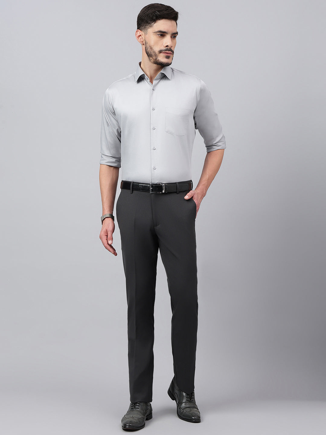 Men Charcoal Standard Fit Solid Formal Trouser