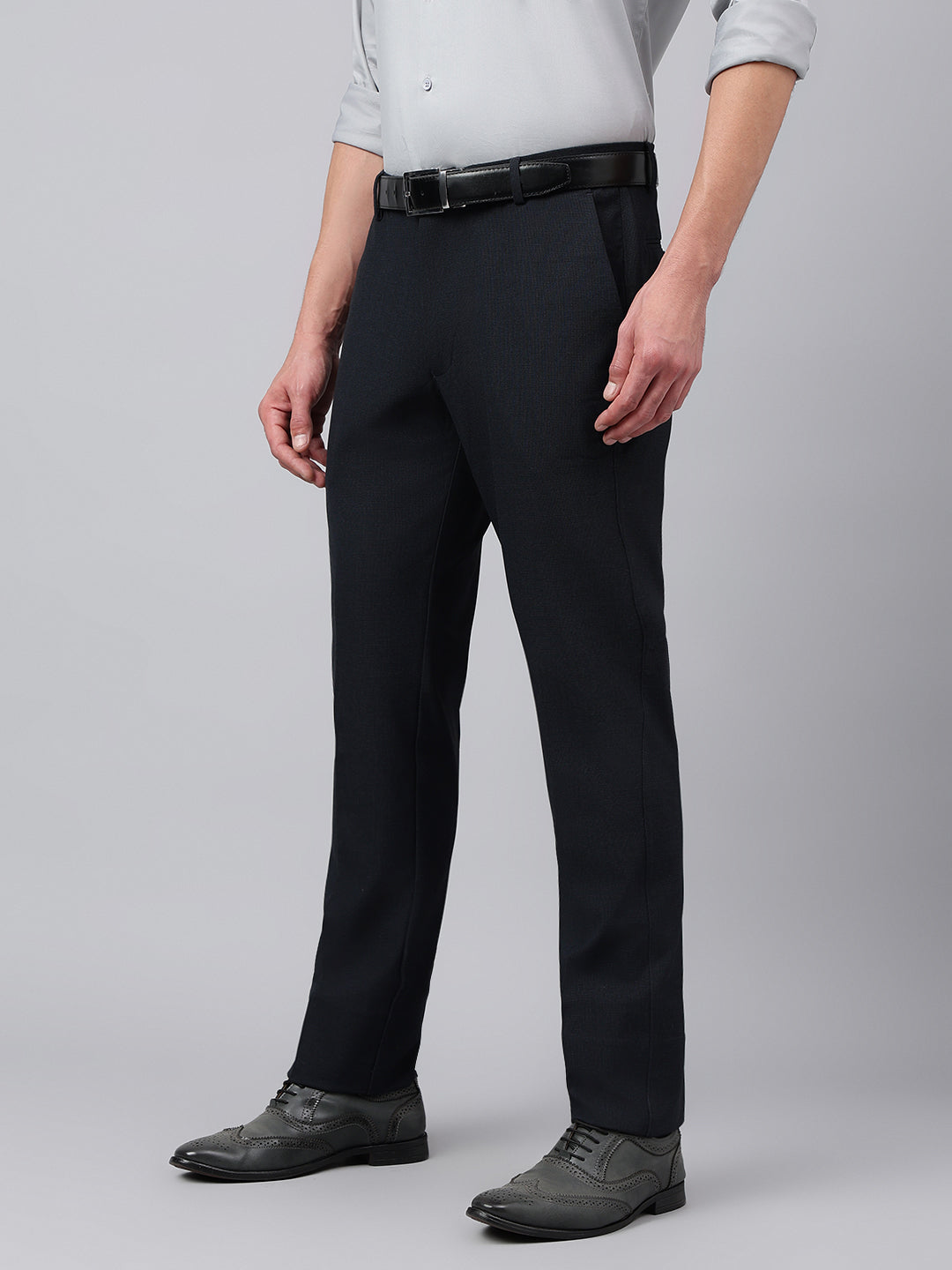 Men Navy Standard Fit Solid Formal Trouser