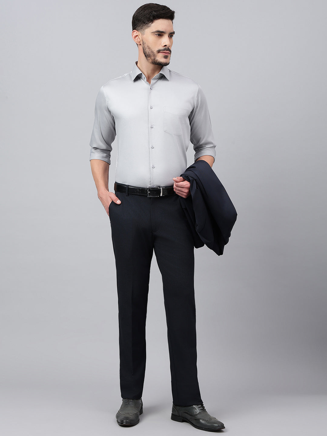 Men Navy Standard Fit Solid Formal Trouser