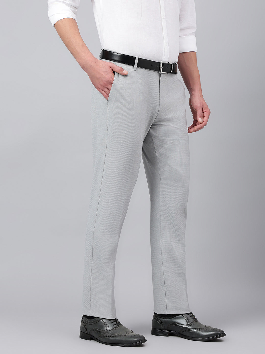 Men Pearl Blue Standard Fit Solid Formal Trouser