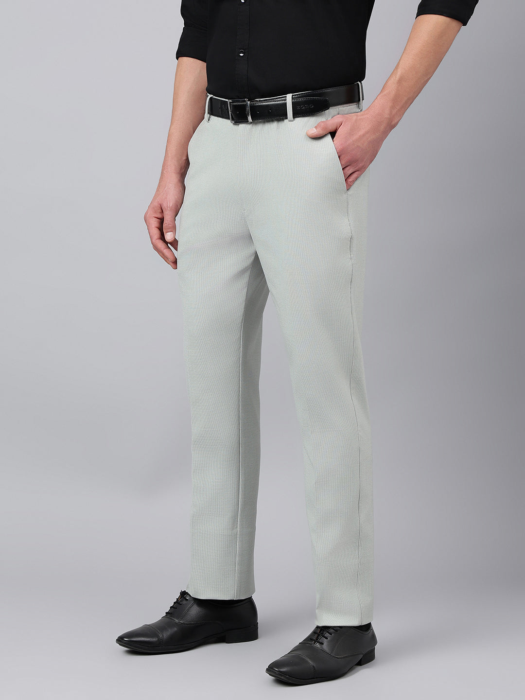 Men Slate Grey Standard Fit Solid Formal Trouser