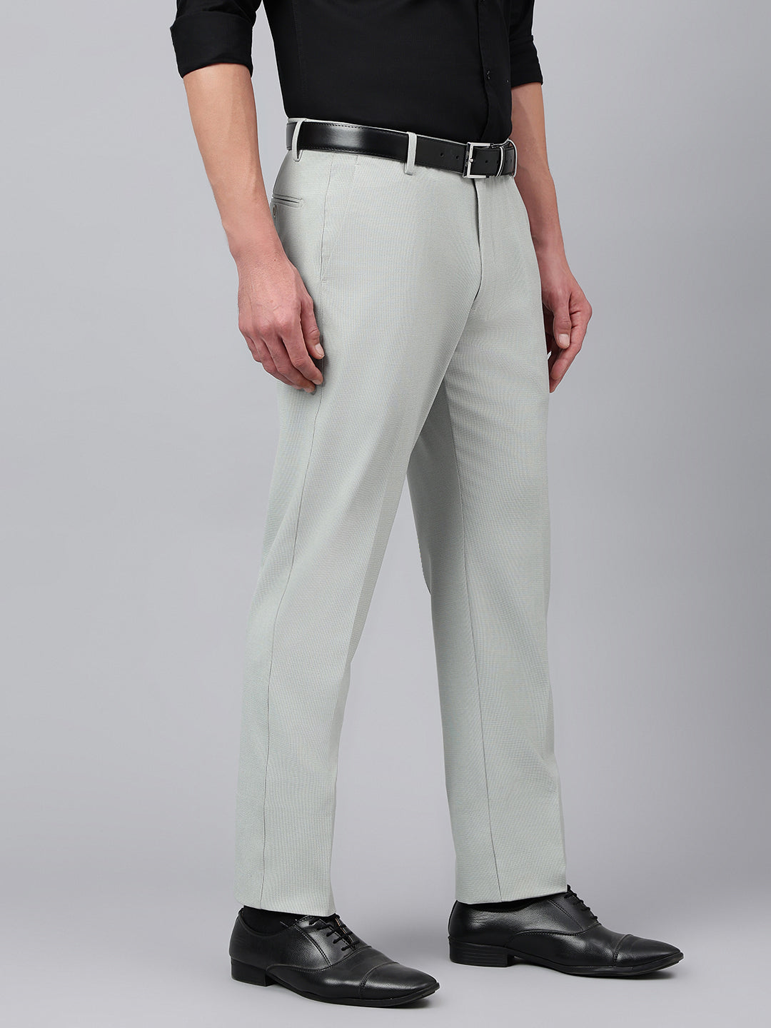 Men Slate Grey Standard Fit Solid Formal Trouser