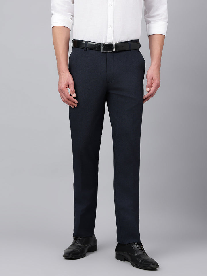 Men Navy Micro Check Standard Fit Solid Formal Trouser