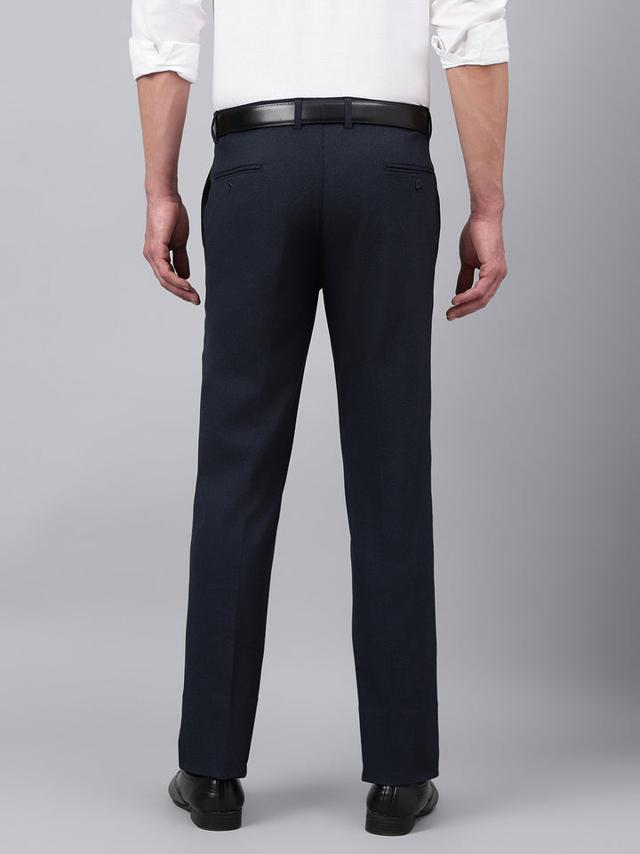 Men Navy Micro Check Standard Fit Solid Formal Trouser