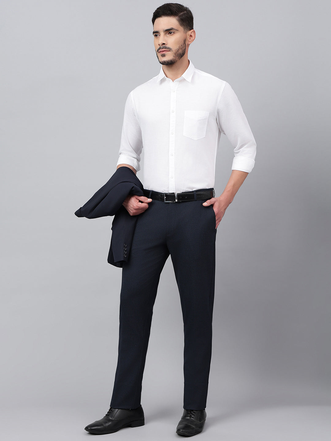 Men Navy Micro Check Standard Fit Solid Formal Trouser