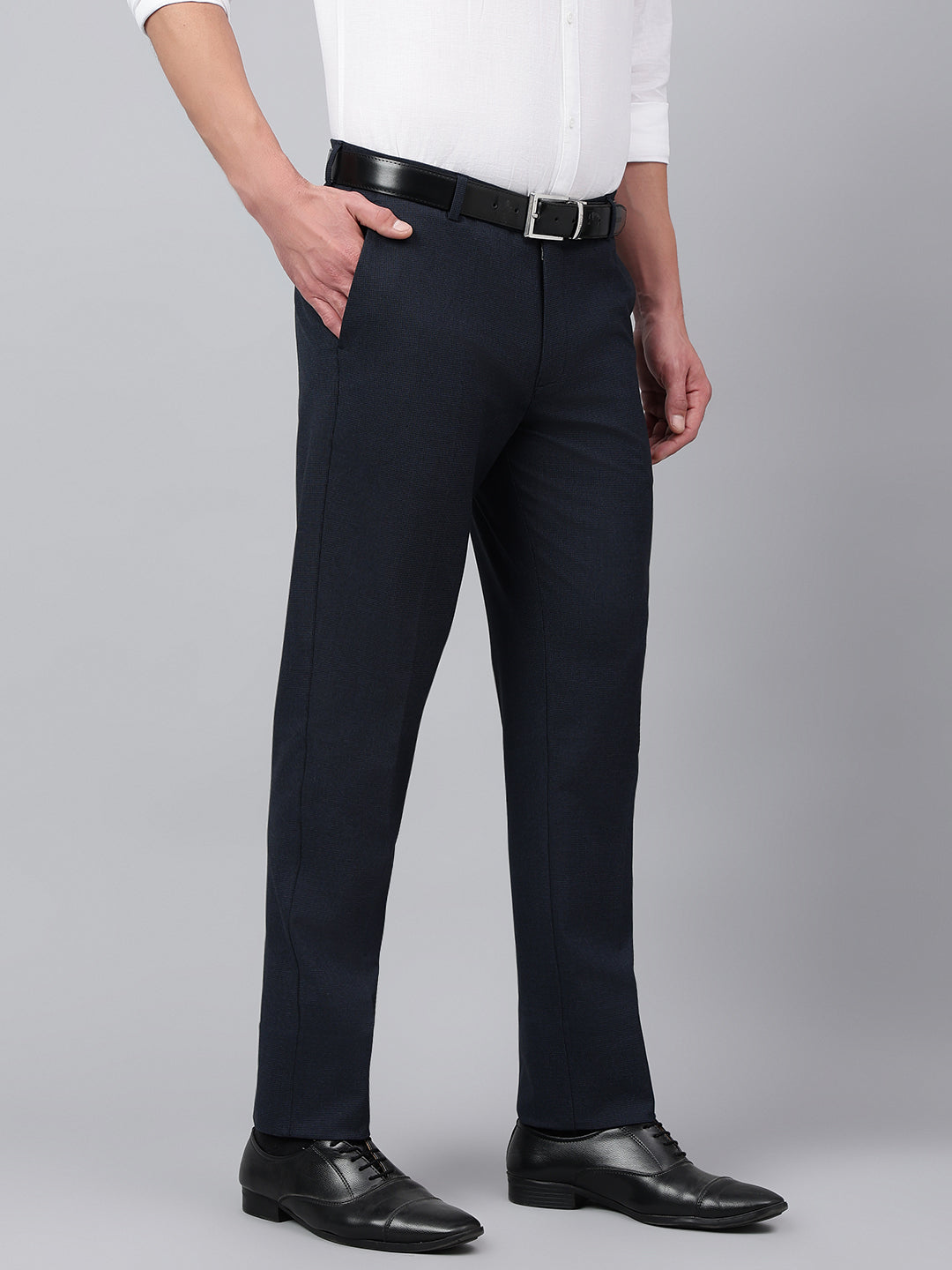 Men Navy Micro Check Standard Fit Solid Formal Trouser