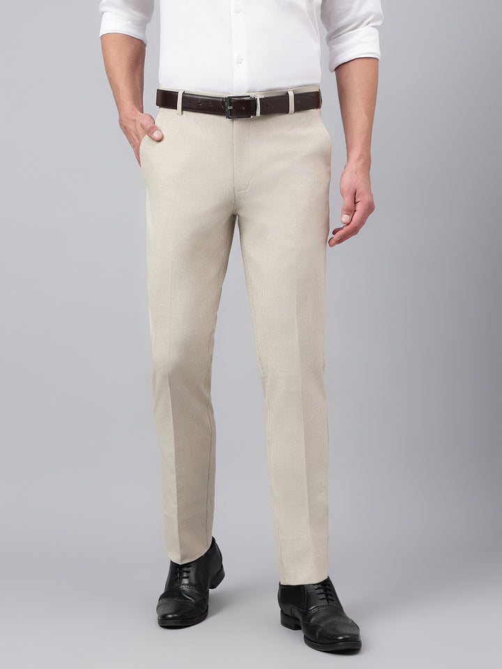 Men Beige Standard Fit Solid Formal Trouser