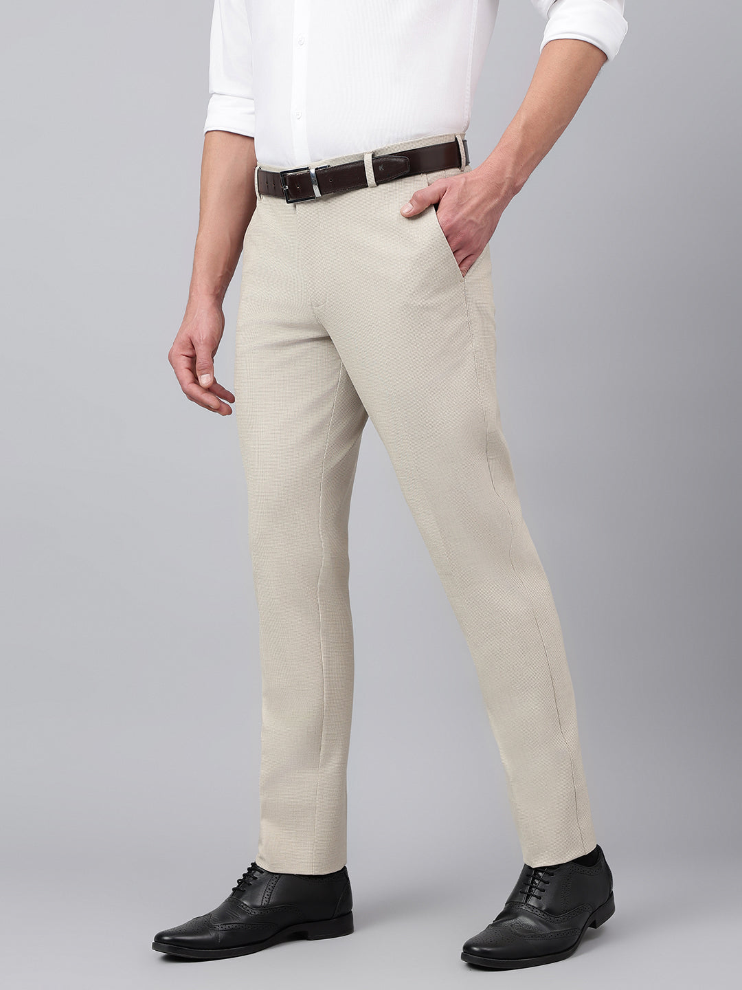 Men Beige Standard Fit Solid Formal Trouser