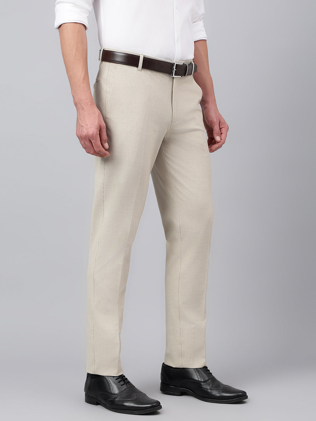 Men Beige Standard Fit Solid Formal Trouser