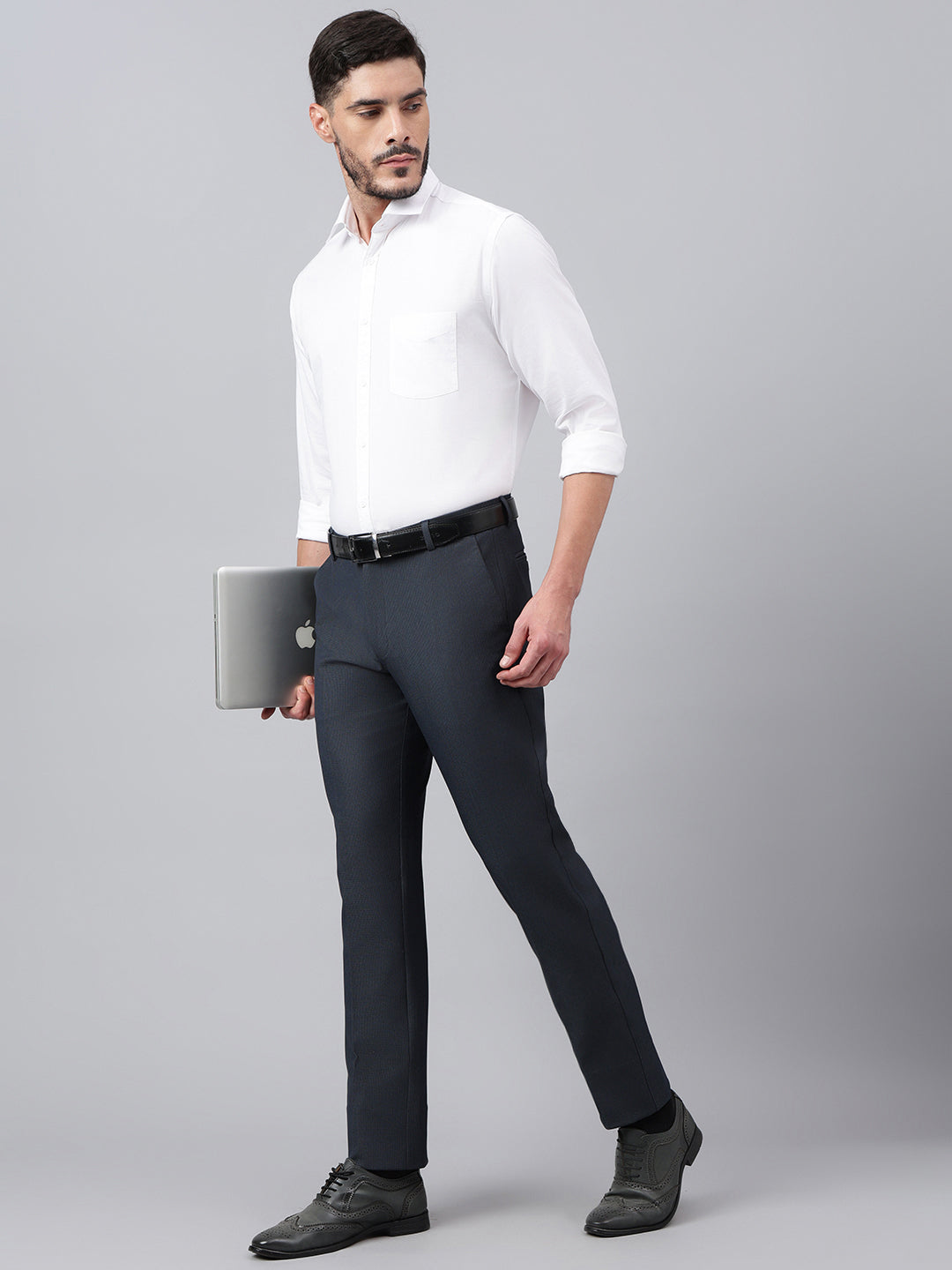 Men Grayish Blue Standard Fit Solid Formal Trouser