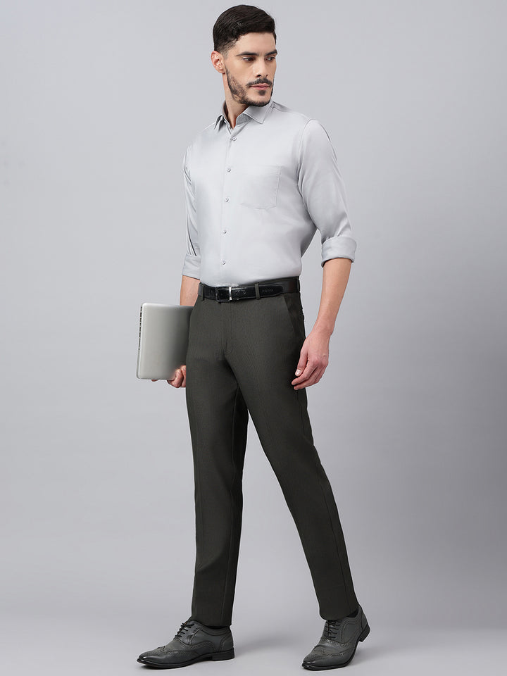 Men Olive Standard Fit Solid Formal Trouser