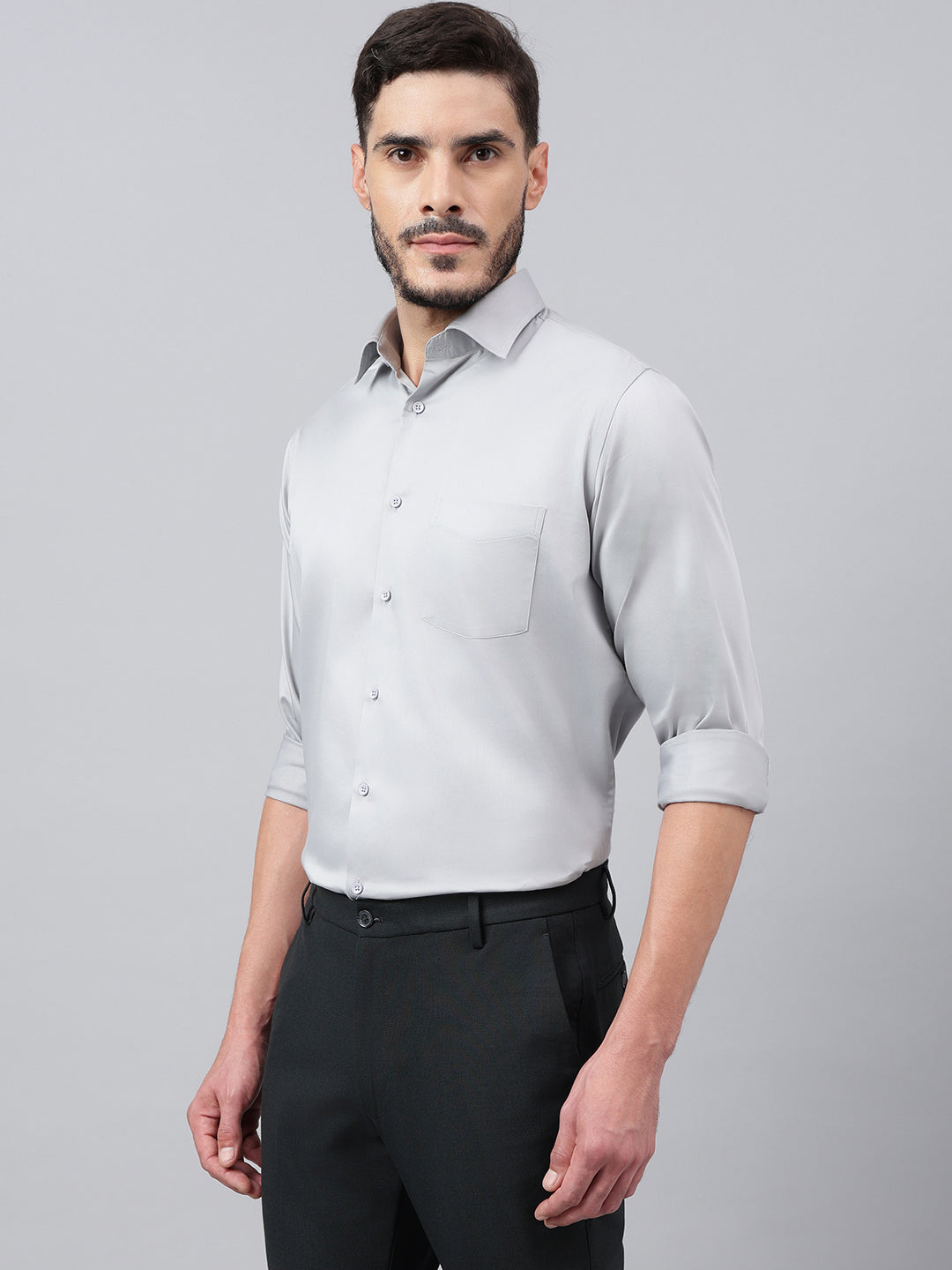 Men Steel Grey Solid Fit Club Wear Shirt