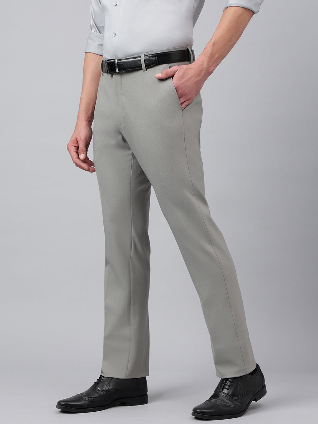 Men Flint Grey Standard Fit Solid Formal Trouser