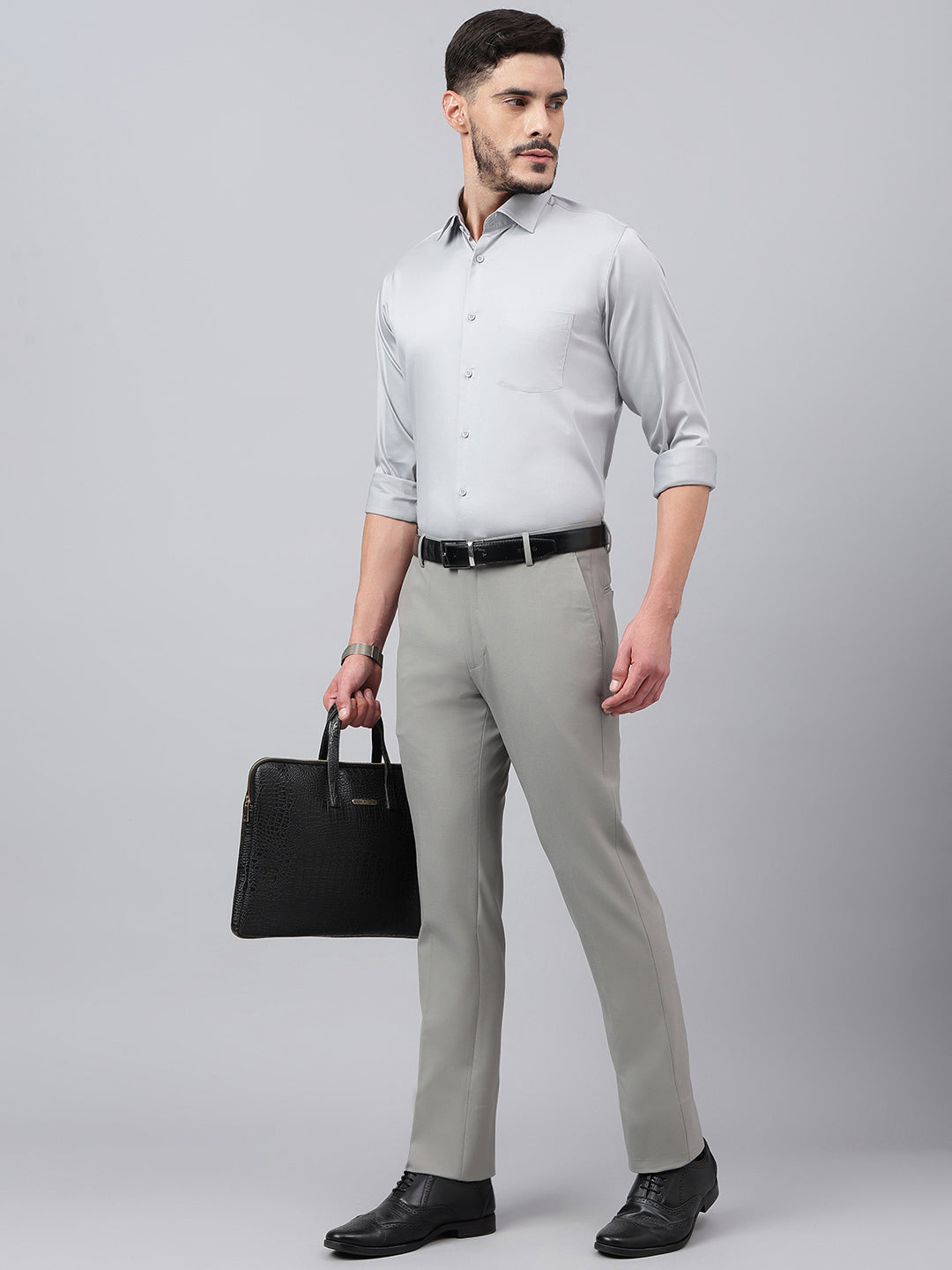 Men Flint Grey Standard Fit Solid Formal Trouser