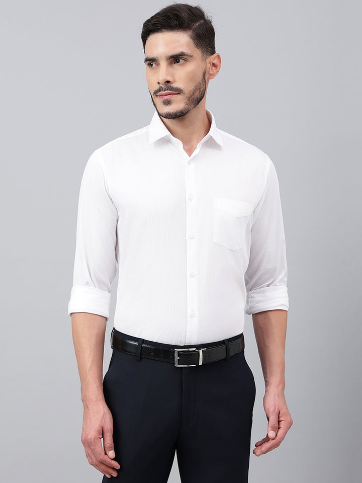 Men White Standard Fit Solid Stripped Formal Shirt