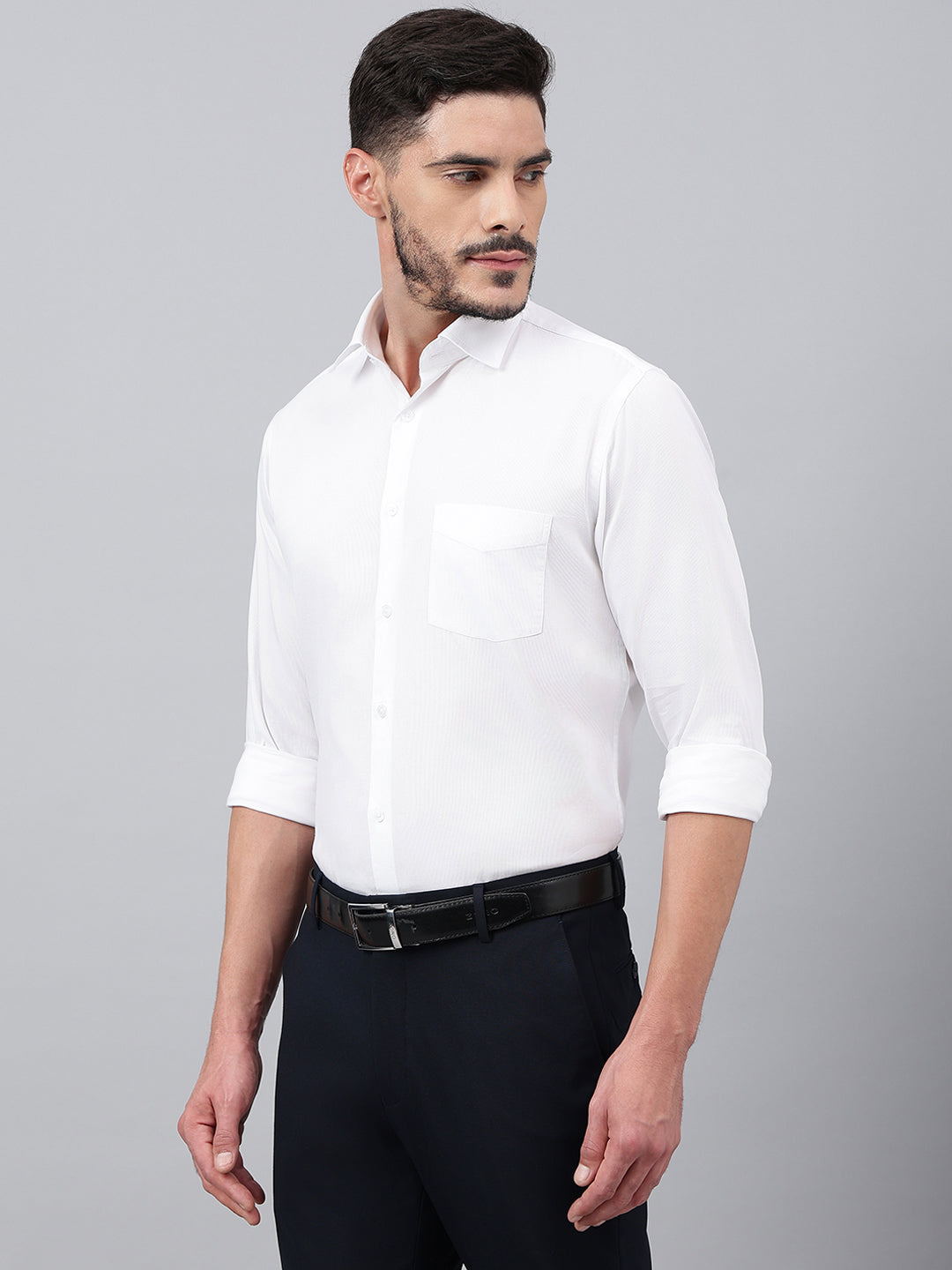 Men White Standard Fit Solid Stripped Formal Shirt