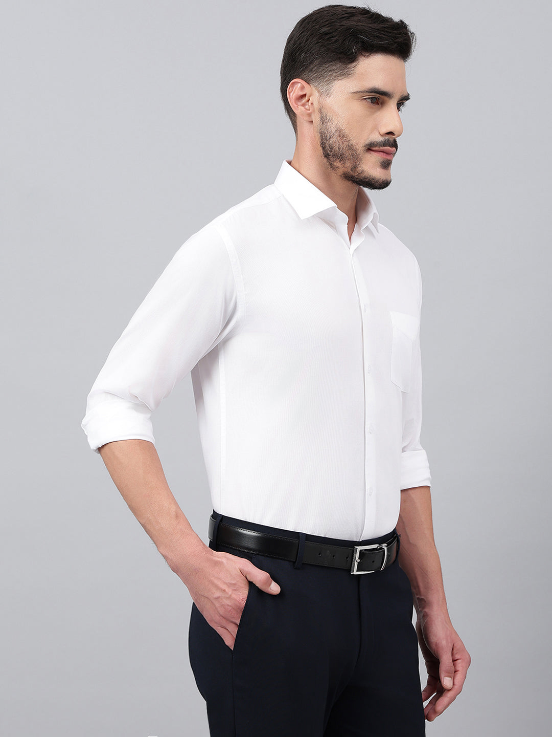 Men White Standard Fit Solid Stripped Formal Shirt