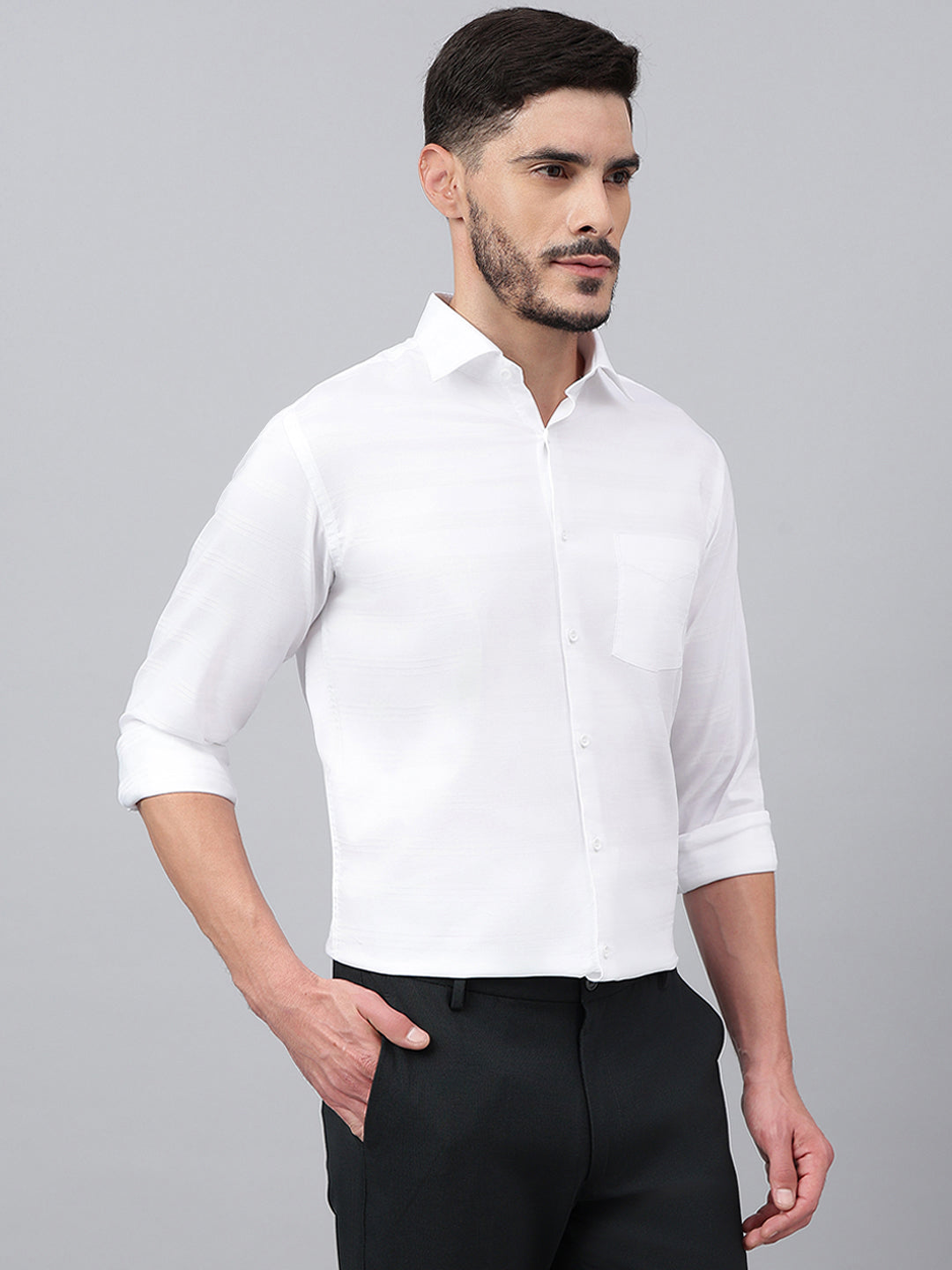 Men White Standard Fit Stripped Club Wear Shirt