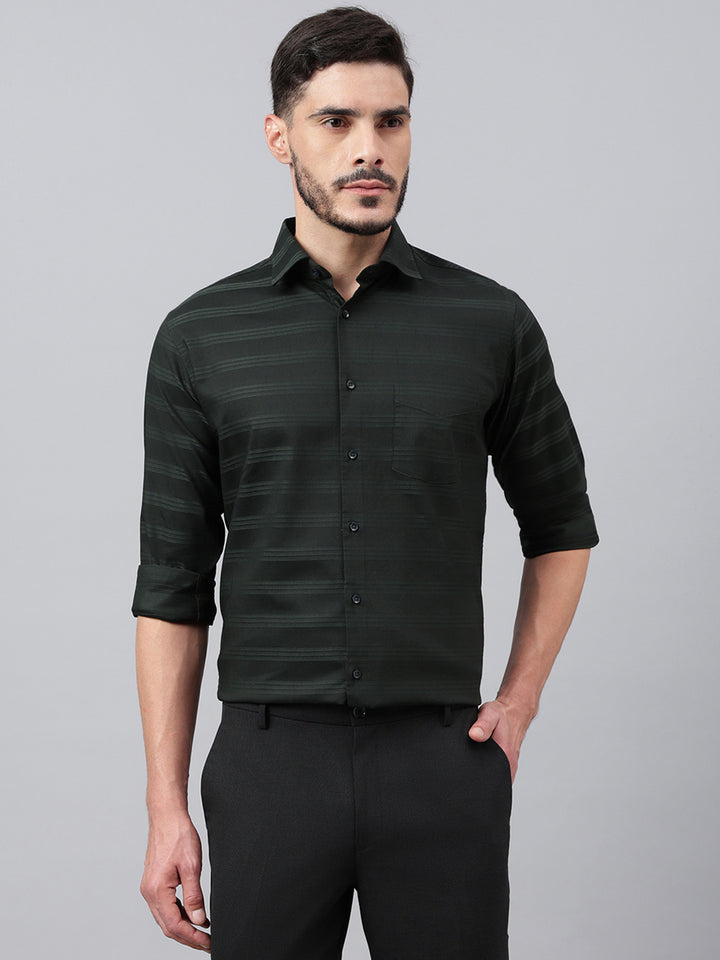 Men Bottle Green Stripped Solid Club Wear Shirt