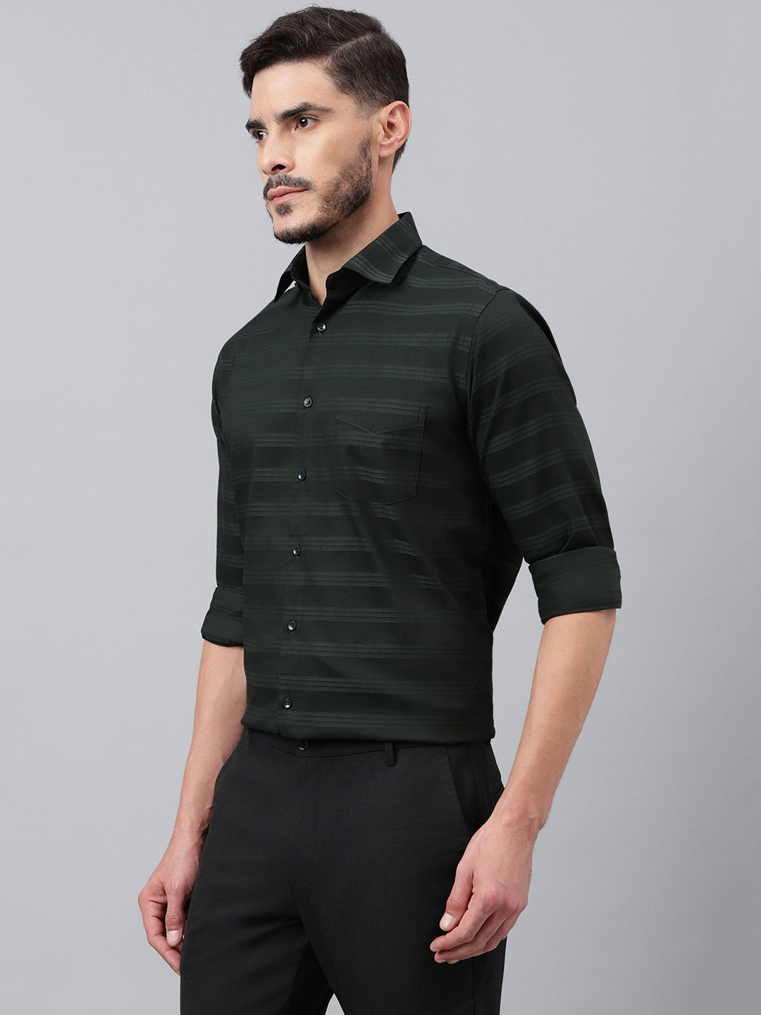 Men Bottle Green Stripped Solid Club Wear Shirt