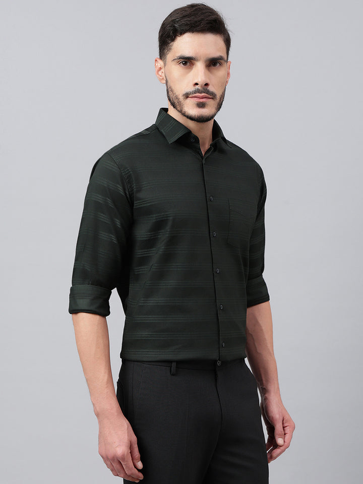 Men Bottle Green Stripped Solid Club Wear Shirt