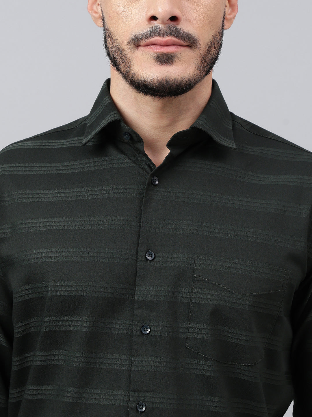 Men Bottle Green Stripped Solid Club Wear Shirt