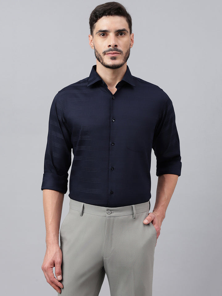 Men Navy Standard Fit Stripped Club Wear Shirt