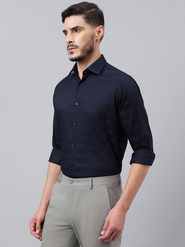 Men Navy Standard Fit Stripped Club Wear Shirt